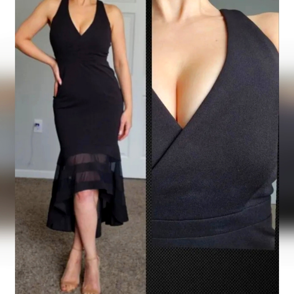 Nwt! Xscape Women's Black Ruffled High-Low Luxe Cocktail Evening Dress! Size 4